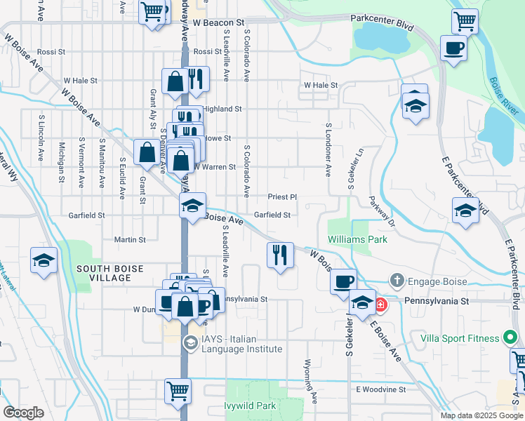 map of restaurants, bars, coffee shops, grocery stores, and more near 1821 Division Avenue in Boise