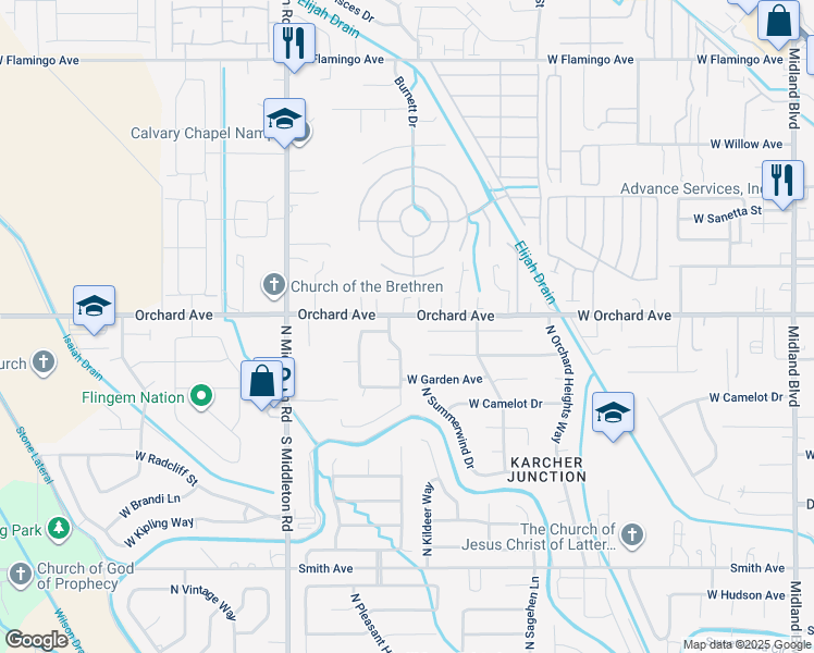 map of restaurants, bars, coffee shops, grocery stores, and more near 2205 West Orchard Avenue in Nampa
