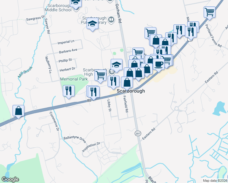 map of restaurants, bars, coffee shops, grocery stores, and more near 245 U.S. 1 in Scarborough
