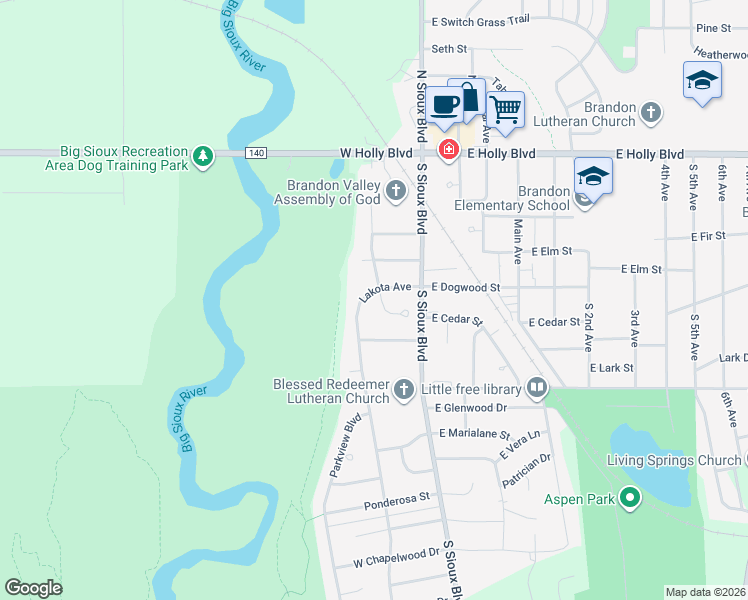 map of restaurants, bars, coffee shops, grocery stores, and more near 502 Lakota Avenue in Brandon