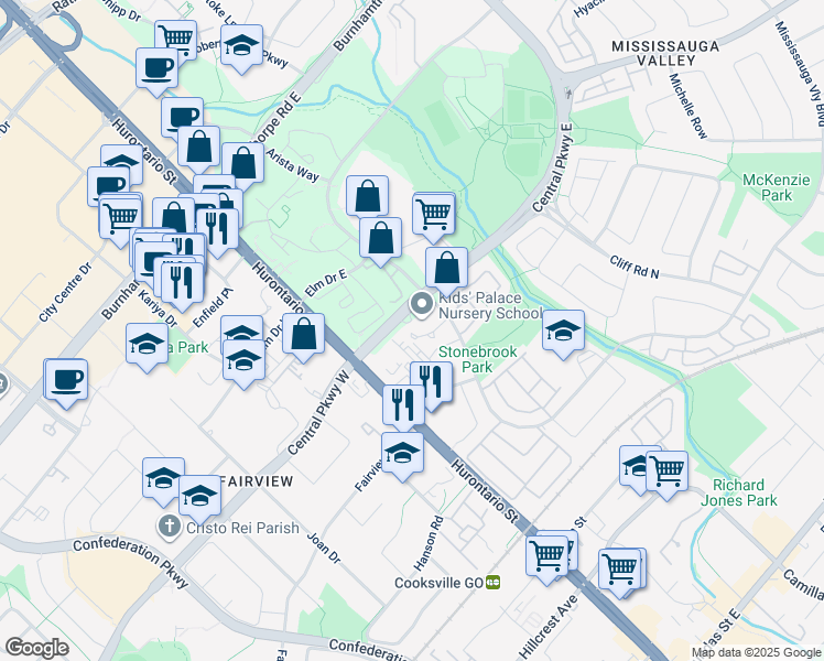 map of restaurants, bars, coffee shops, grocery stores, and more near 20 Mississauga Valley Boulevard in Mississauga