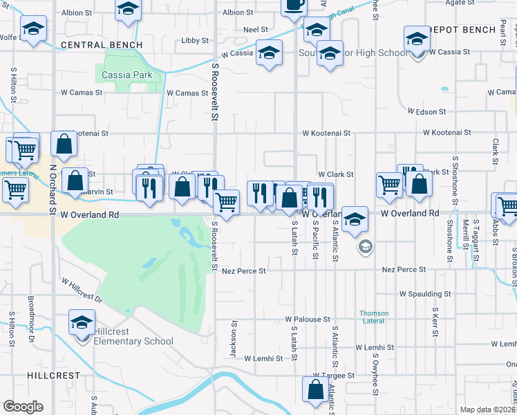 map of restaurants, bars, coffee shops, grocery stores, and more near 3918 West Overland Road in Boise