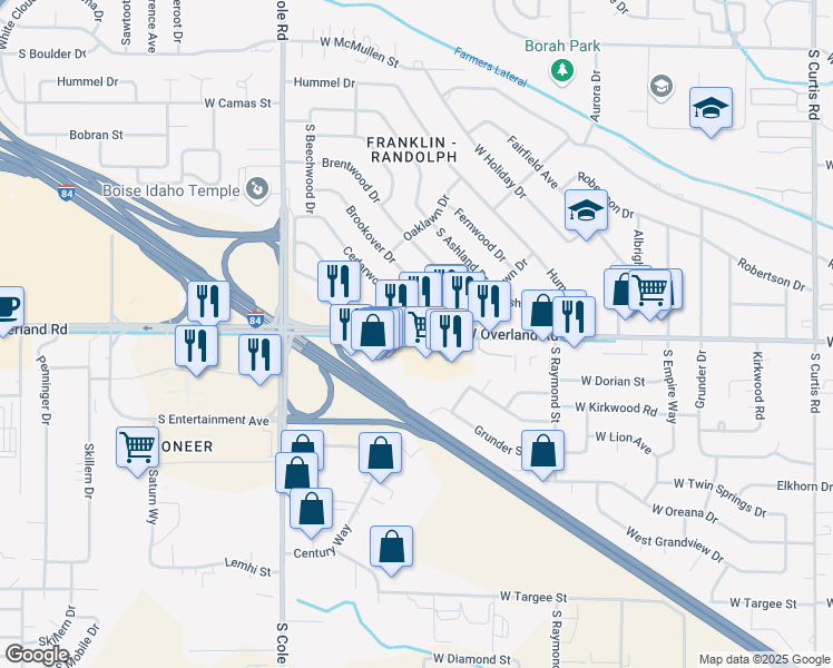 map of restaurants, bars, coffee shops, grocery stores, and more near 7067 West Overland Road in Boise