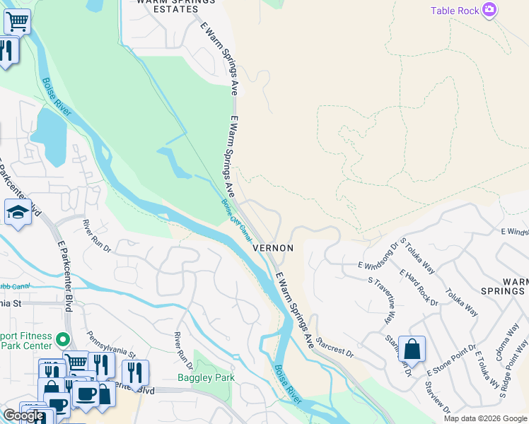map of restaurants, bars, coffee shops, grocery stores, and more near 1493 South Boulder View Lane in Boise