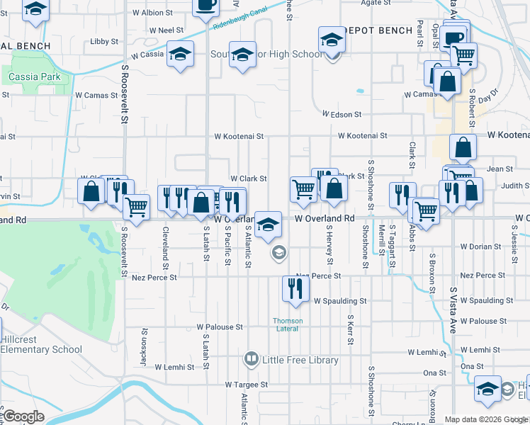 map of restaurants, bars, coffee shops, grocery stores, and more near 3416 West Overland Road in Boise
