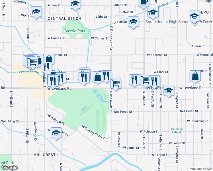 map of restaurants, bars, coffee shops, grocery stores, and more near 4210 West Overland Road in Boise