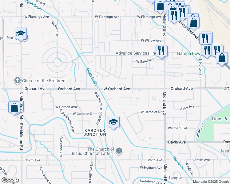 map of restaurants, bars, coffee shops, grocery stores, and more near 1503 West Orchard Avenue in Nampa