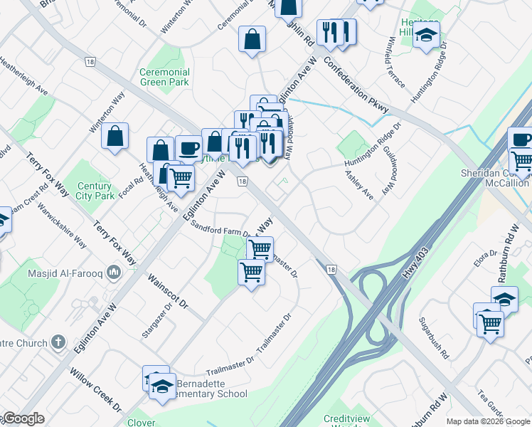 map of restaurants, bars, coffee shops, grocery stores, and more near 752 White Clover Way in Mississauga