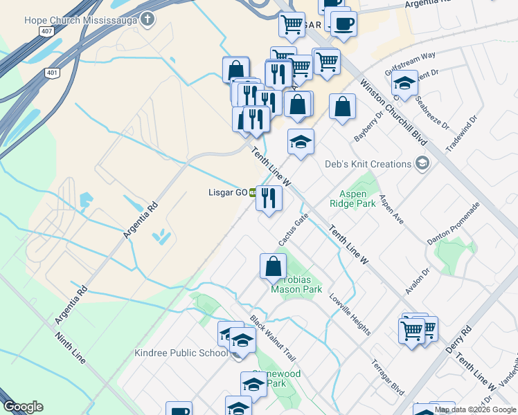 map of restaurants, bars, coffee shops, grocery stores, and more near 3406 Crimson King Circle in Mississauga