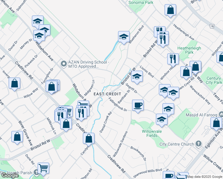map of restaurants, bars, coffee shops, grocery stores, and more near 1265 Bristol Road West in Mississauga