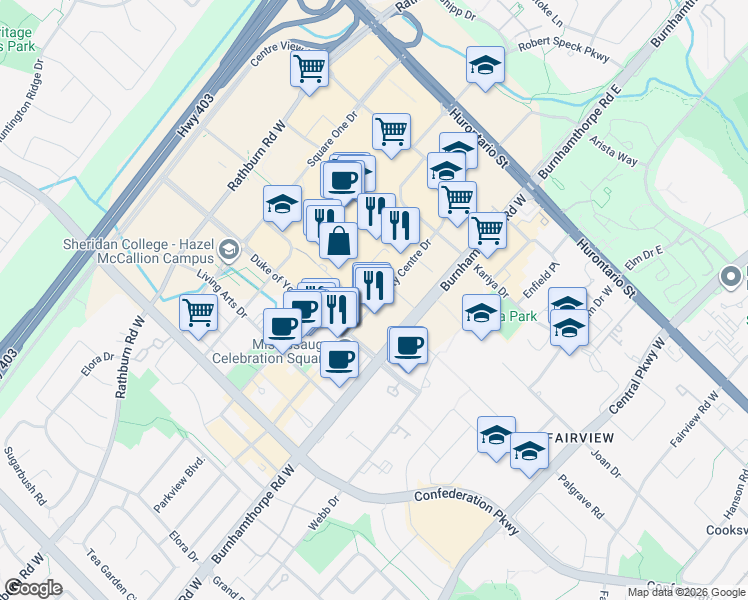 map of restaurants, bars, coffee shops, grocery stores, and more near 180 City Centre Drive in Mississauga