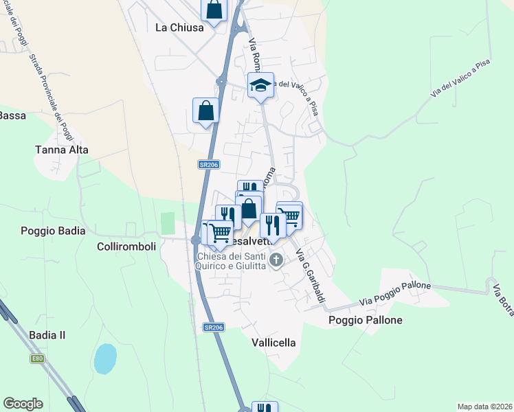 map of restaurants, bars, coffee shops, grocery stores, and more near 222 Via Roma in Collesalvetti
