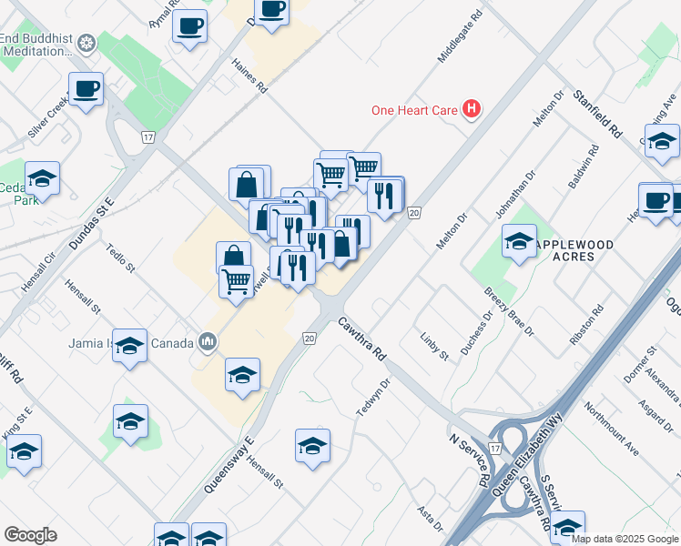 map of restaurants, bars, coffee shops, grocery stores, and more near 755 Queensway East in Mississauga