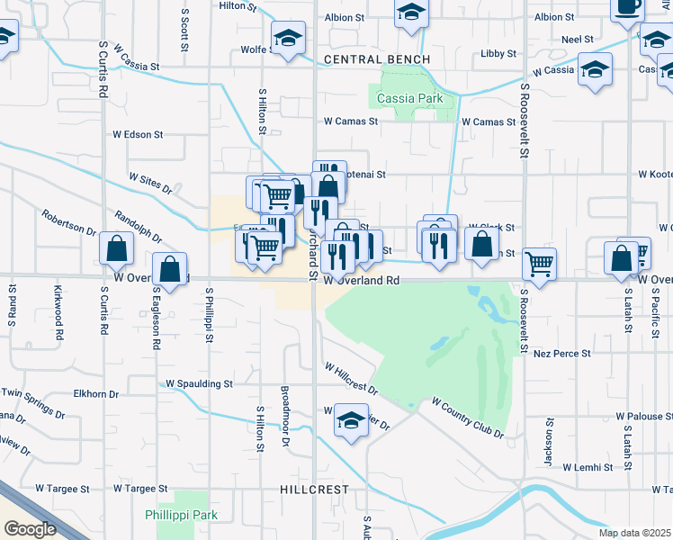 map of restaurants, bars, coffee shops, grocery stores, and more near 4920 W Overland Rd in Boise