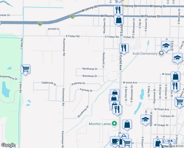 map of restaurants, bars, coffee shops, grocery stores, and more near 3375 Brentway Drive in Bay City