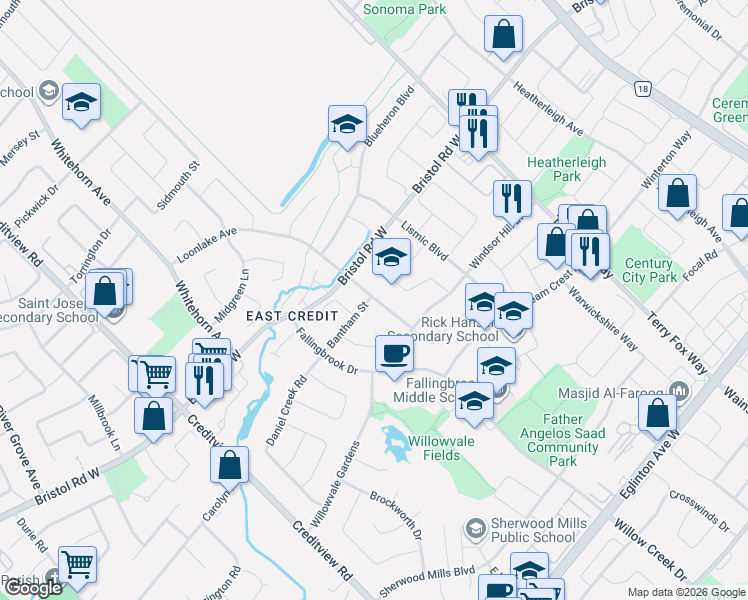map of restaurants, bars, coffee shops, grocery stores, and more near 5344 Segriff Drive in Mississauga