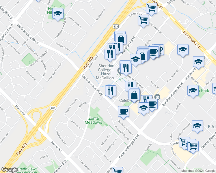 map of restaurants, bars, coffee shops, grocery stores, and more near 4928 Living Arts Drive in Mississauga