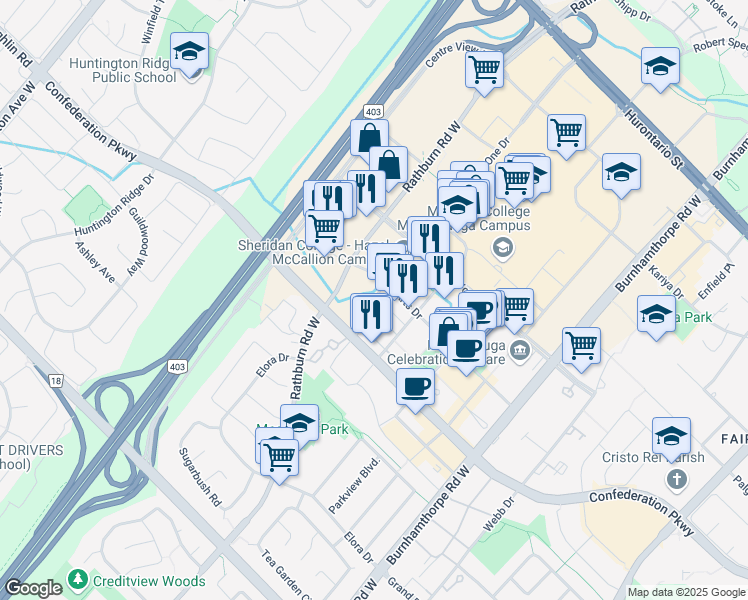 map of restaurants, bars, coffee shops, grocery stores, and more near 307 Square One Drive in Mississauga