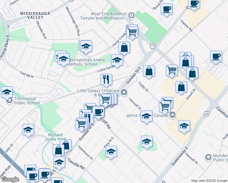 map of restaurants, bars, coffee shops, grocery stores, and more near in Mississauga