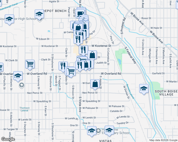 map of restaurants, bars, coffee shops, grocery stores, and more near 2502 West Overland Road in Boise