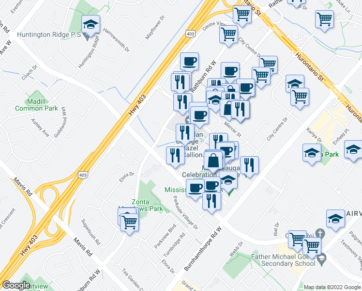 map of restaurants, bars, coffee shops, grocery stores, and more near 2211-365 Prince of Wales Drive in Mississauga