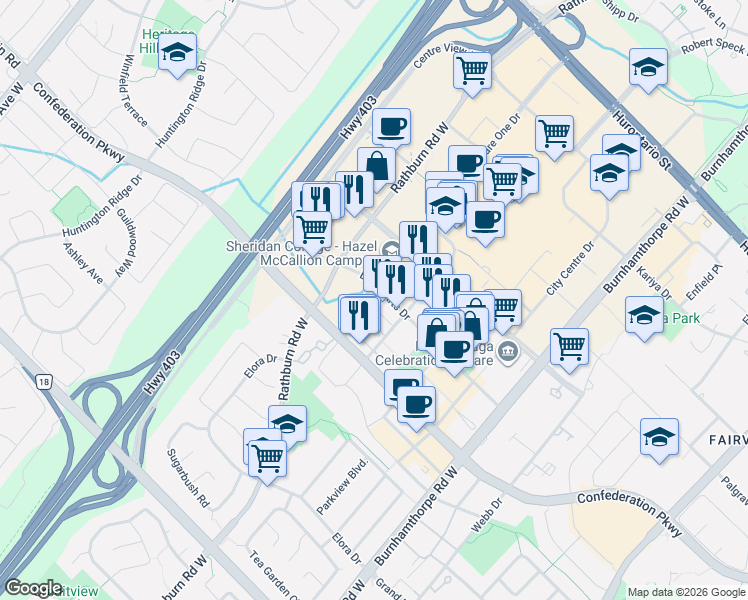 map of restaurants, bars, coffee shops, grocery stores, and more near 360 Square One Drive in Mississauga