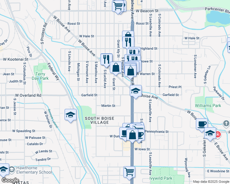 map of restaurants, bars, coffee shops, grocery stores, and more near 1120 Garfield Street in Boise