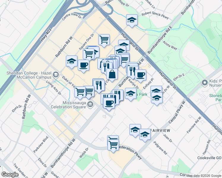 map of restaurants, bars, coffee shops, grocery stores, and more near 4015 The Exchange in Mississauga