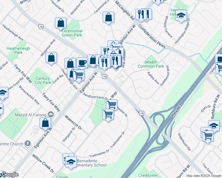 map of restaurants, bars, coffee shops, grocery stores, and more near in Mississauga