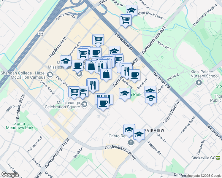 map of restaurants, bars, coffee shops, grocery stores, and more near 168 Burnhamthorpe Road West in Oakville