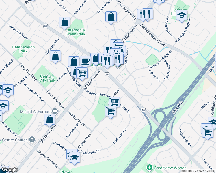 map of restaurants, bars, coffee shops, grocery stores, and more near 4697 Alana Glen Drive in Mississauga