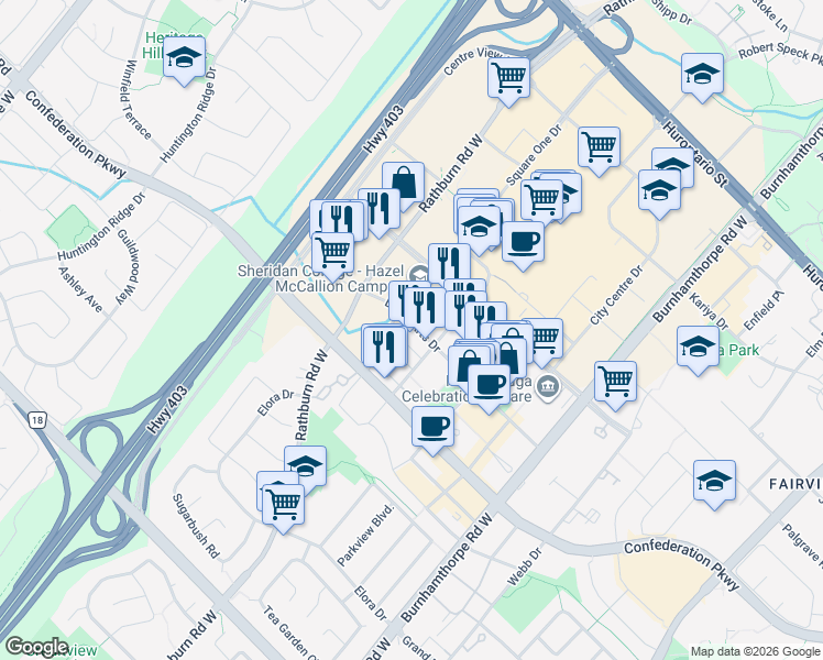 map of restaurants, bars, coffee shops, grocery stores, and more near 4188 Living Arts Drive in Mississauga