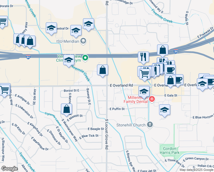map of restaurants, bars, coffee shops, grocery stores, and more near S Locust Grove Rd & E Overland Rd in Meridian