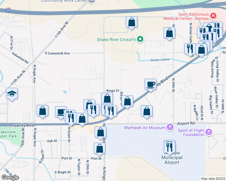 map of restaurants, bars, coffee shops, grocery stores, and more near 18 Kings Court in Nampa