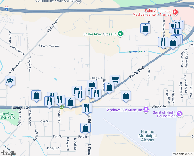 map of restaurants, bars, coffee shops, grocery stores, and more near 18 Kings Court in Nampa