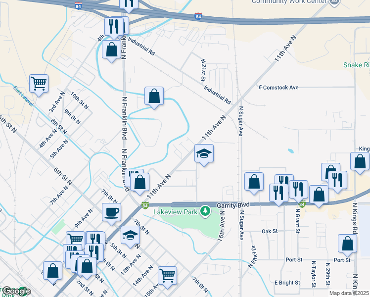 map of restaurants, bars, coffee shops, grocery stores, and more near 1115 11th Avenue North in Nampa