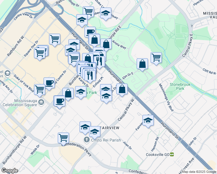 map of restaurants, bars, coffee shops, grocery stores, and more near 55 Elm Drive West in Mississauga