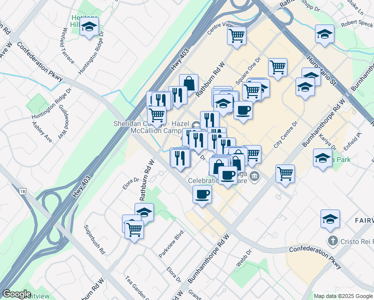 map of restaurants, bars, coffee shops, grocery stores, and more near in Mississauga