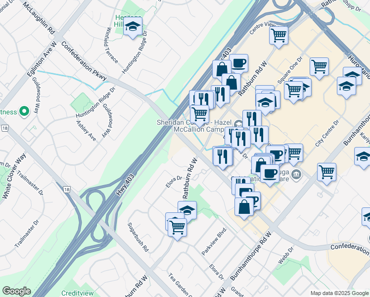 map of restaurants, bars, coffee shops, grocery stores, and more near in Mississauga