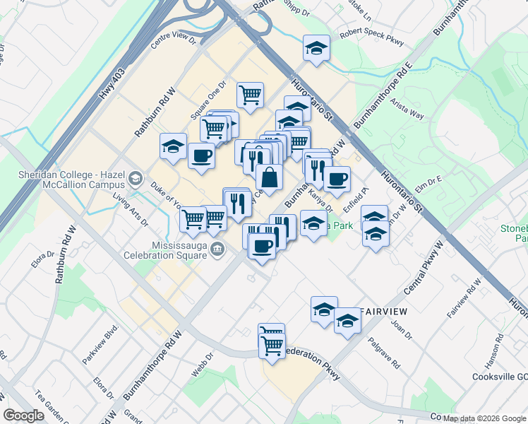 map of restaurants, bars, coffee shops, grocery stores, and more near 4015 The Exchange in Mississauga