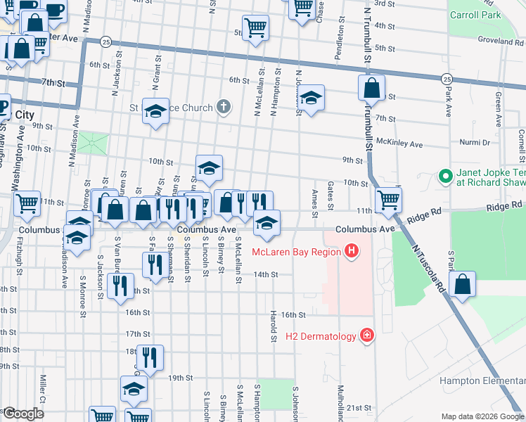 map of restaurants, bars, coffee shops, grocery stores, and more near 199 North Hampton Street in Bay City