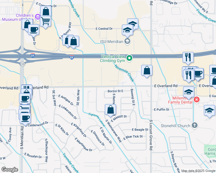 map of restaurants, bars, coffee shops, grocery stores, and more near 1158 East Shepherd Street in Meridian