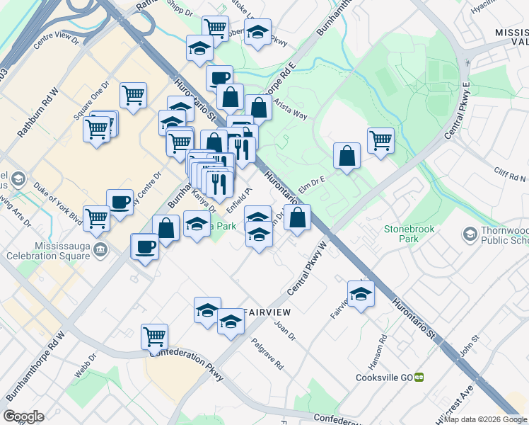 map of restaurants, bars, coffee shops, grocery stores, and more near 55 Elm Drive West in Mississauga