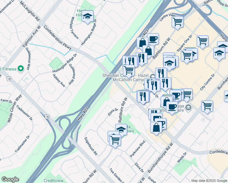 map of restaurants, bars, coffee shops, grocery stores, and more near 349 Rathburn Road West in Mississauga