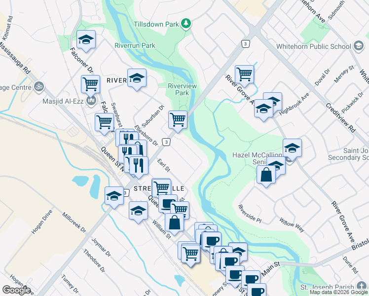 map of restaurants, bars, coffee shops, grocery stores, and more near 20 Amity Road in Mississauga