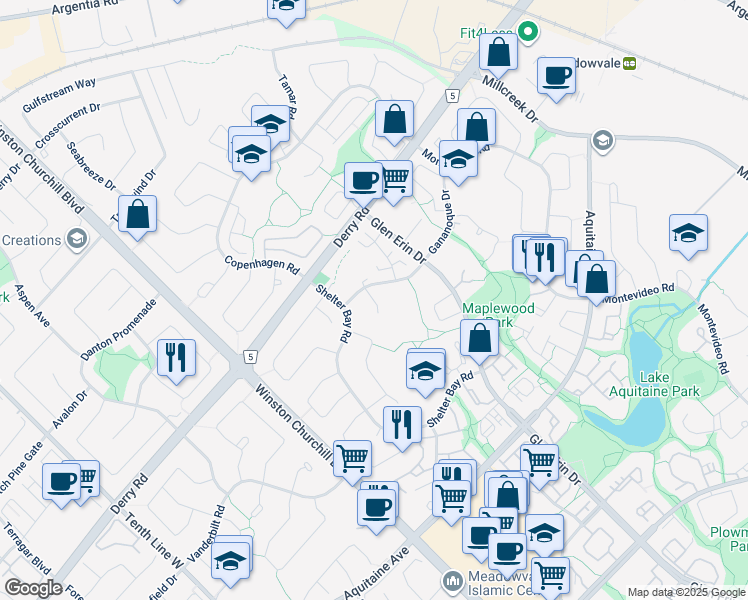 map of restaurants, bars, coffee shops, grocery stores, and more near Bilbao Lane in Mississauga