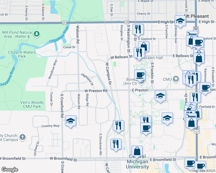 map of restaurants, bars, coffee shops, grocery stores, and more near 1211 Glen Avenue in Mount Pleasant
