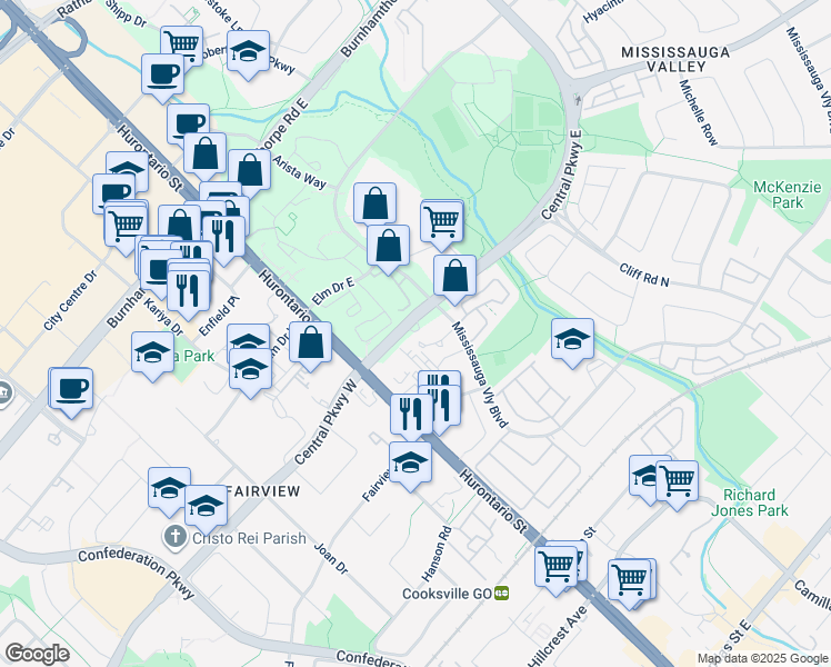 map of restaurants, bars, coffee shops, grocery stores, and more near 20 Mississauga Valley Boulevard in Mississauga