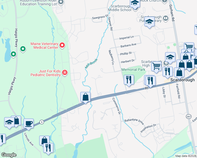 map of restaurants, bars, coffee shops, grocery stores, and more near 15 Millbrook Road in Scarborough