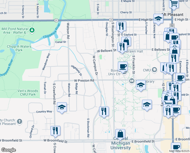 map of restaurants, bars, coffee shops, grocery stores, and more near 1211 Glen Avenue in Mount Pleasant